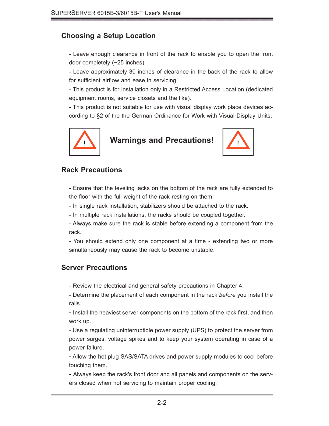 SUPER MICRO Computer 6015B-3, 6015B-T user manual Choosing a Setup Location, Rack Precautions, Server Precautions 