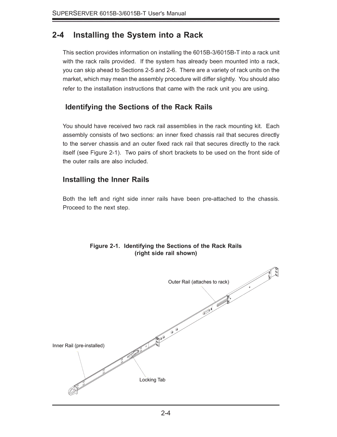 SUPER MICRO Computer 6015B-3, 6015B-T Installing the System into a Rack, Identifying the Sections of the Rack Rails 
