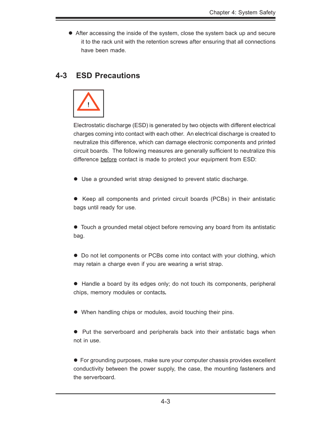 SUPER MICRO Computer 6015B-T, 6015B-3 user manual ESD Precautions 