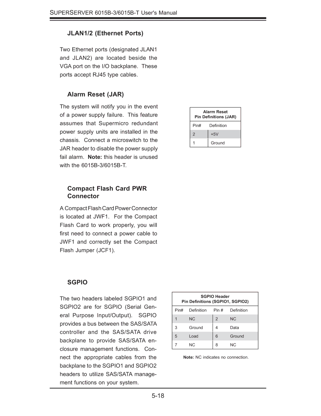 SUPER MICRO Computer 6015B-3, 6015B-T user manual JLAN1/2 Ethernet Ports, Alarm Reset JAR, Compact Flash Card PWR Connector 