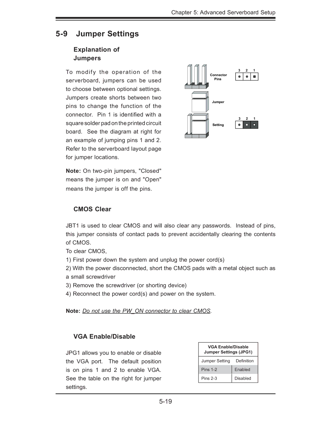 SUPER MICRO Computer 6015B-T, 6015B-3 user manual Jumper Settings, Explanation Jumpers, Cmos Clear, VGA Enable/Disable 