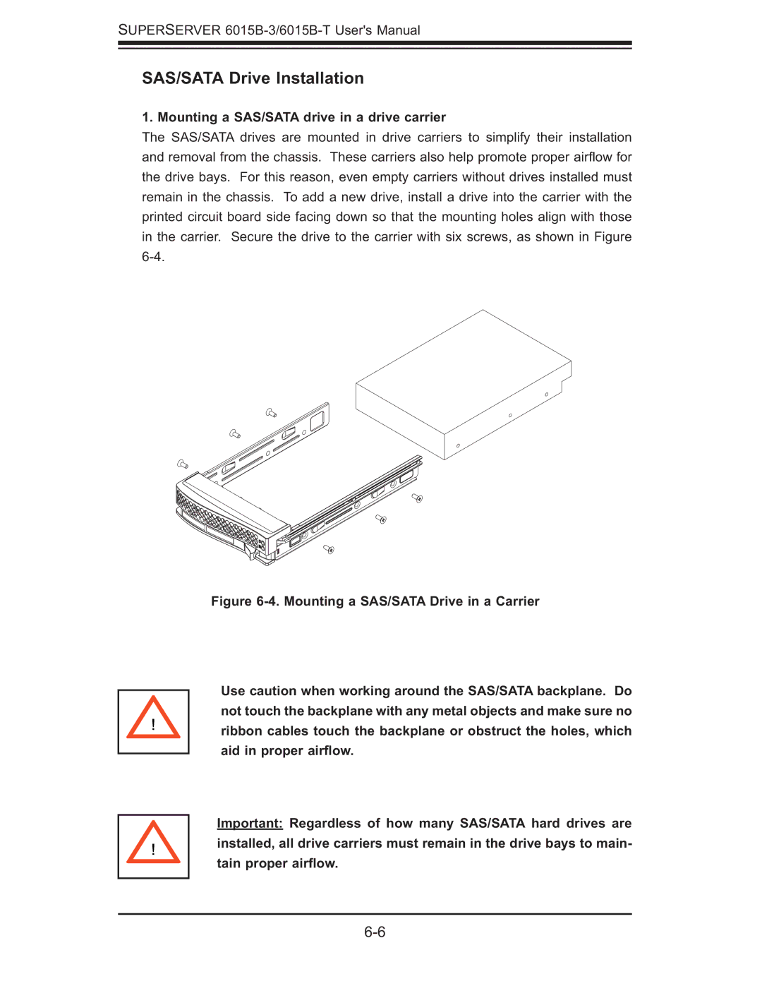 SUPER MICRO Computer 6015B-3, 6015B-T user manual SAS/SATA Drive Installation, Mounting a SAS/SATA drive in a drive carrier 