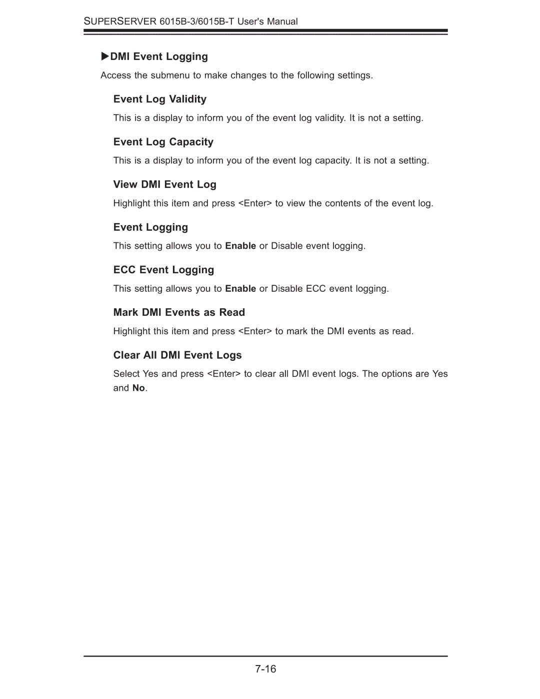 SUPER MICRO Computer 6015B-3, 6015B-T DMI Event Logging, Event Log Validity, Event Log Capacity, View DMI Event Log 