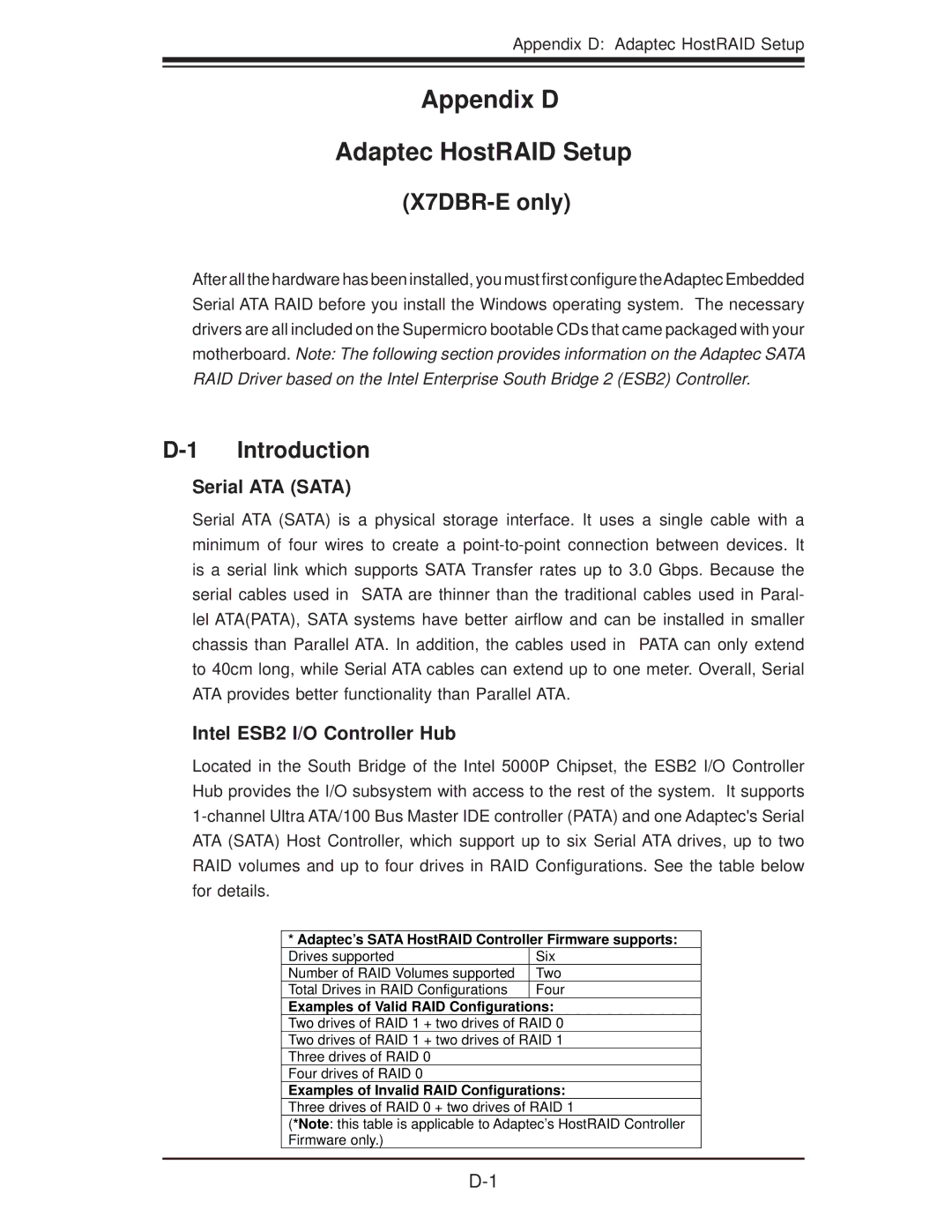 SUPER MICRO Computer 6015B-T, 6015B-3 Appendix D Adaptec HostRAID Setup, X7DBR-E only, Intel ESB2 I/O Controller Hub 