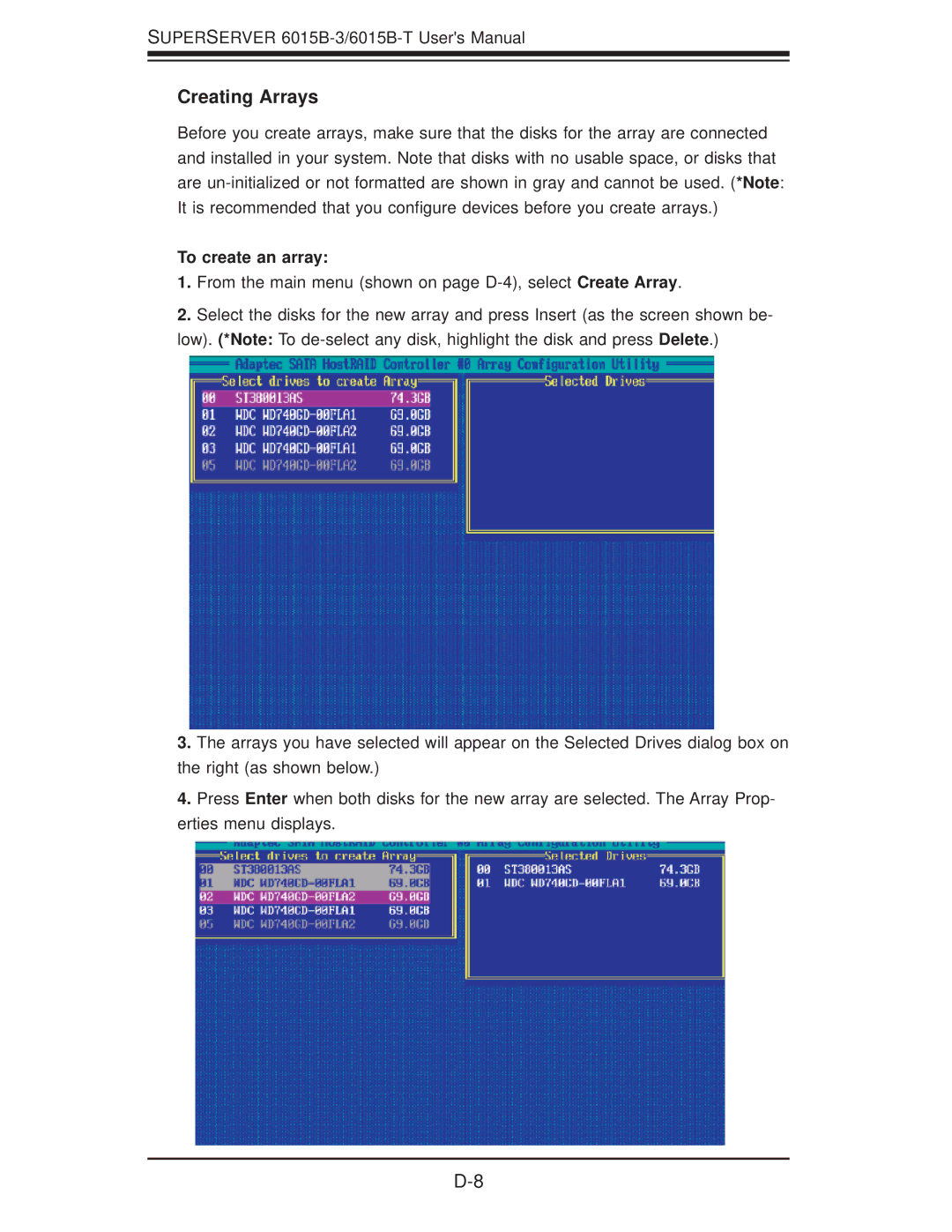 SUPER MICRO Computer 6015B-3, 6015B-T user manual Creating Arrays, To create an array 