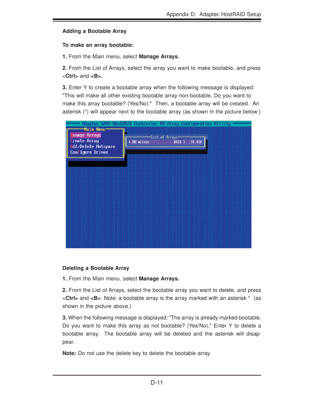 SUPER MICRO Computer 6015B-T, 6015B-3 Adding a Bootable Array To make an array bootable, Deleting a Bootable Array 