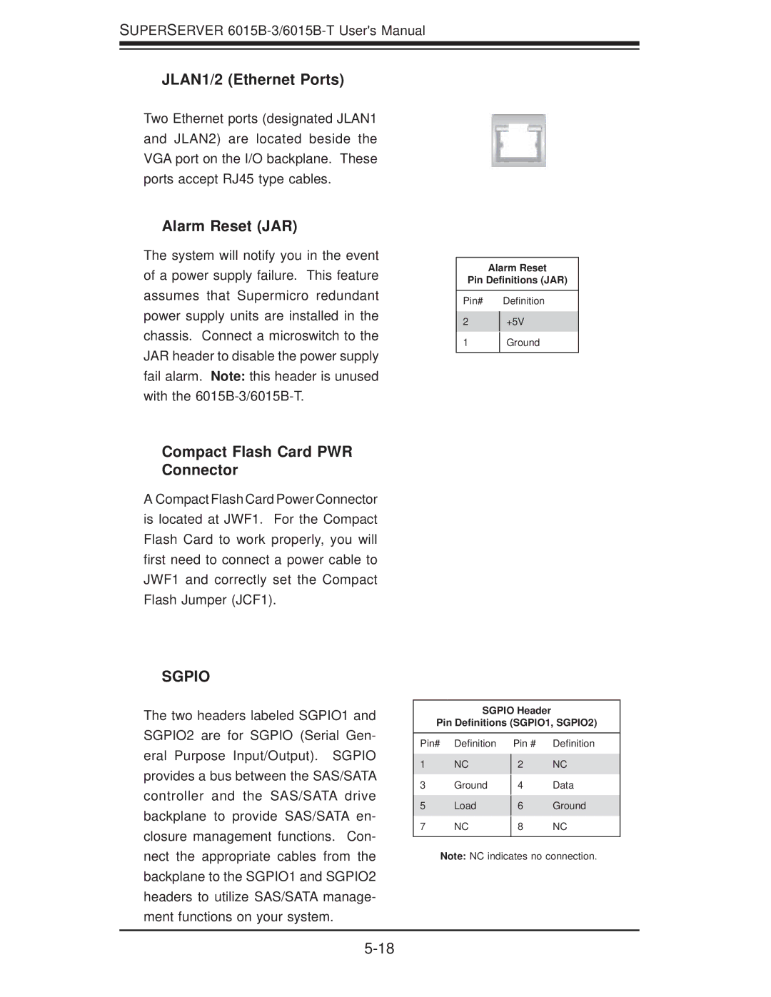 SUPER MICRO Computer 6015B-3, 6015B-T user manual JLAN1/2 Ethernet Ports, Alarm Reset JAR, Compact Flash Card PWR Connector 