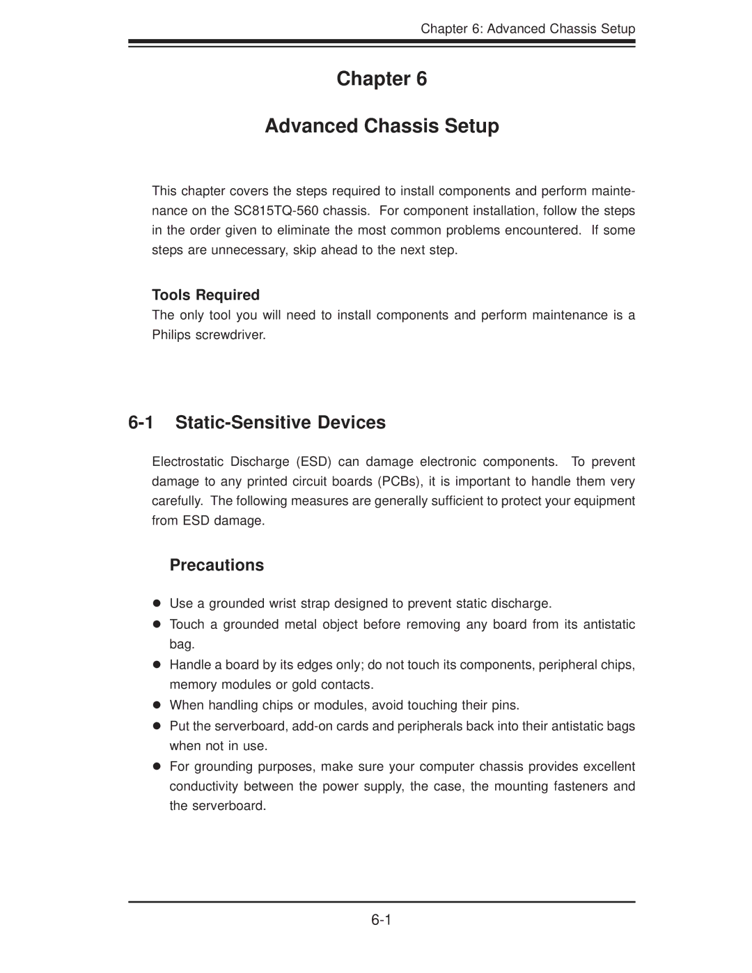 SUPER MICRO Computer 6015B-T, 6015B-3 user manual Chapter Advanced Chassis Setup, Static-Sensitive Devices, Tools Required 