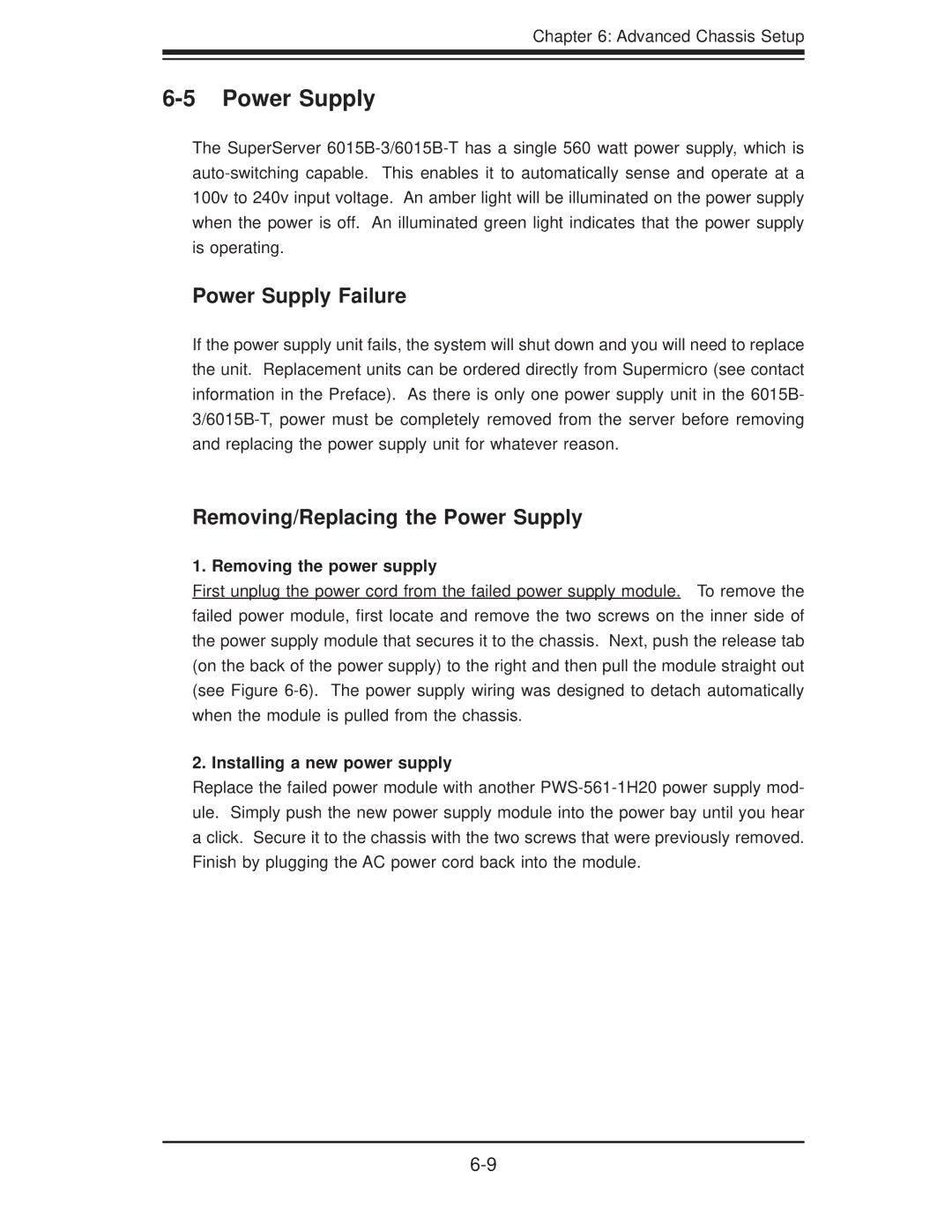 SUPER MICRO Computer 6015B-T Power Supply Failure, Removing/Replacing the Power Supply, Removing the power supply 