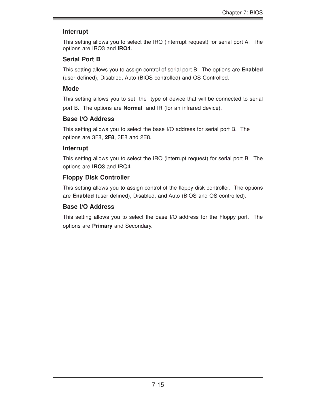 SUPER MICRO Computer 6015B-T, 6015B-3 user manual Interrupt, Serial Port B, Mode, Floppy Disk Controller 