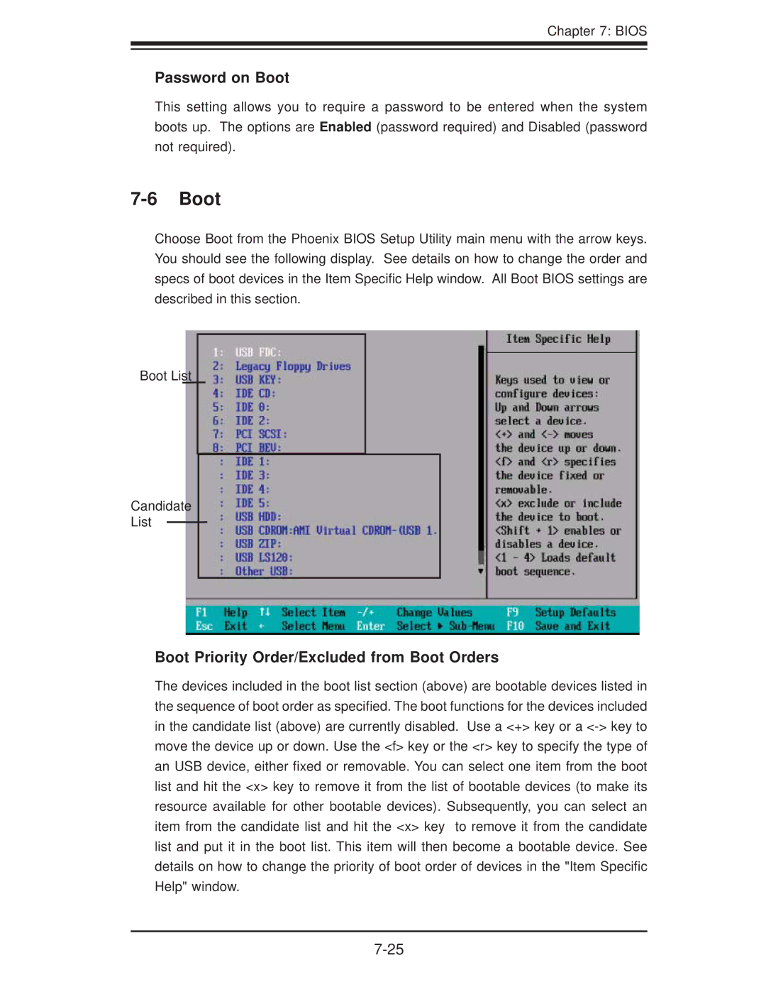 SUPER MICRO Computer 6015B-T, 6015B-3 user manual Password on Boot, Boot Priority Order/Excluded from Boot Orders 