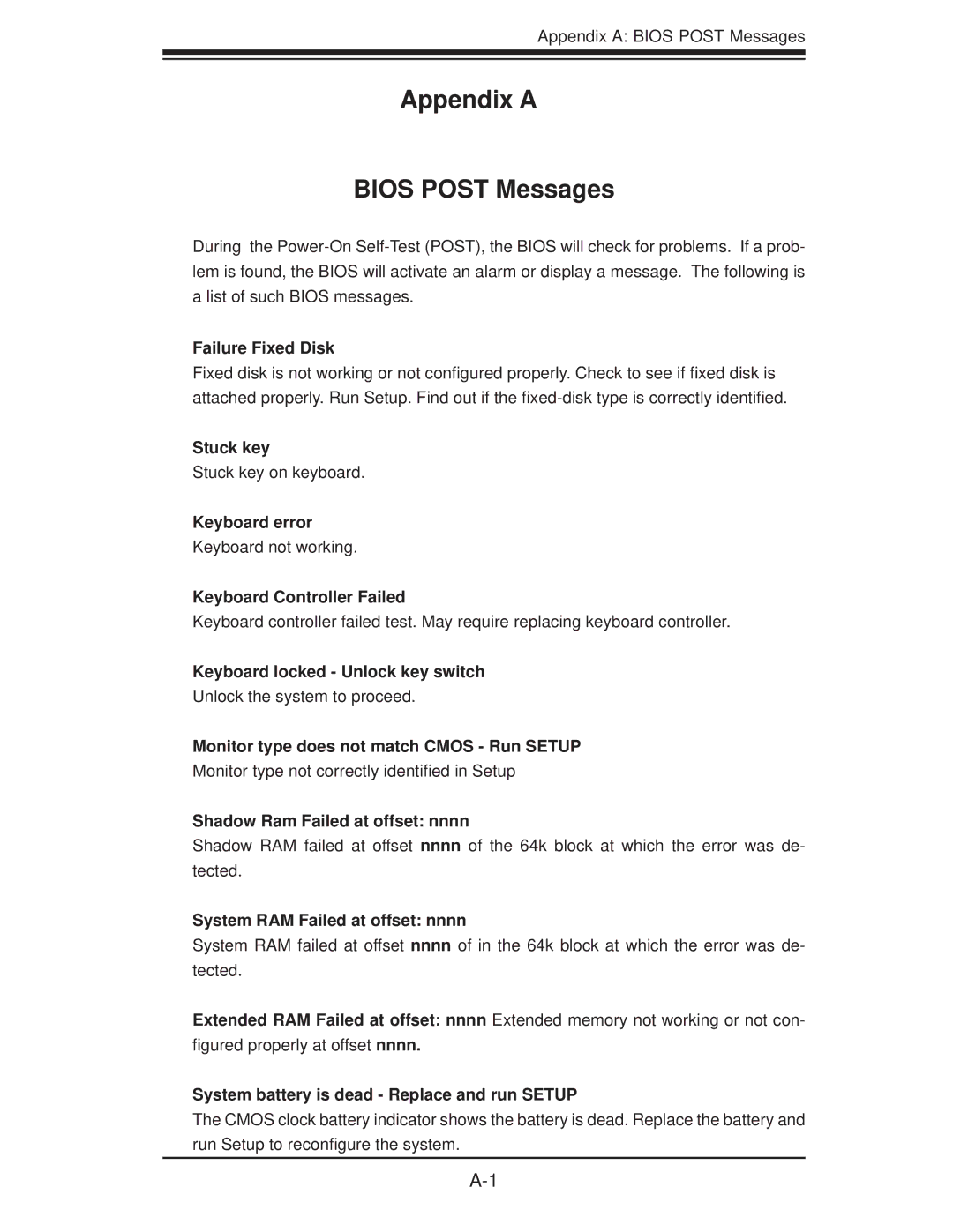 SUPER MICRO Computer 6015B-T, 6015B-3 user manual Appendix a Bios Post Messages 