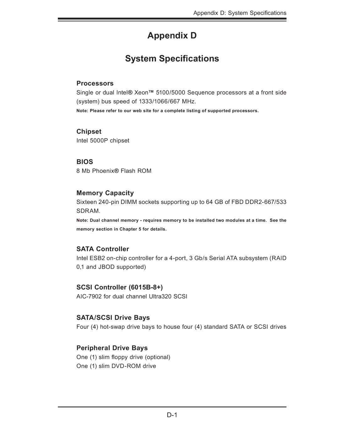 SUPER MICRO Computer 6015B-8+ manual Appendix D System Speciﬁcations 