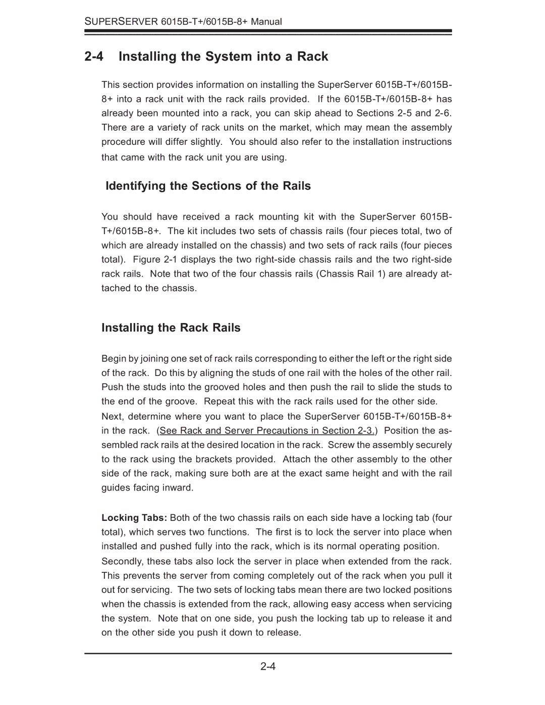 SUPER MICRO Computer 6015B-8+ manual Installing the System into a Rack, Identifying the Sections of the Rails 