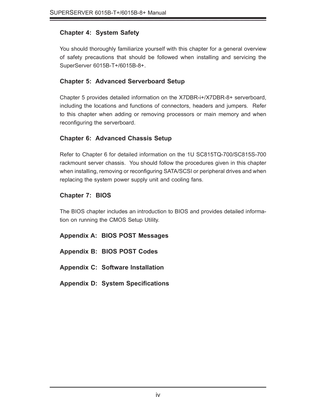 SUPER MICRO Computer 6015B-8+ manual System Safety, Advanced Serverboard Setup, Advanced Chassis Setup, Bios 