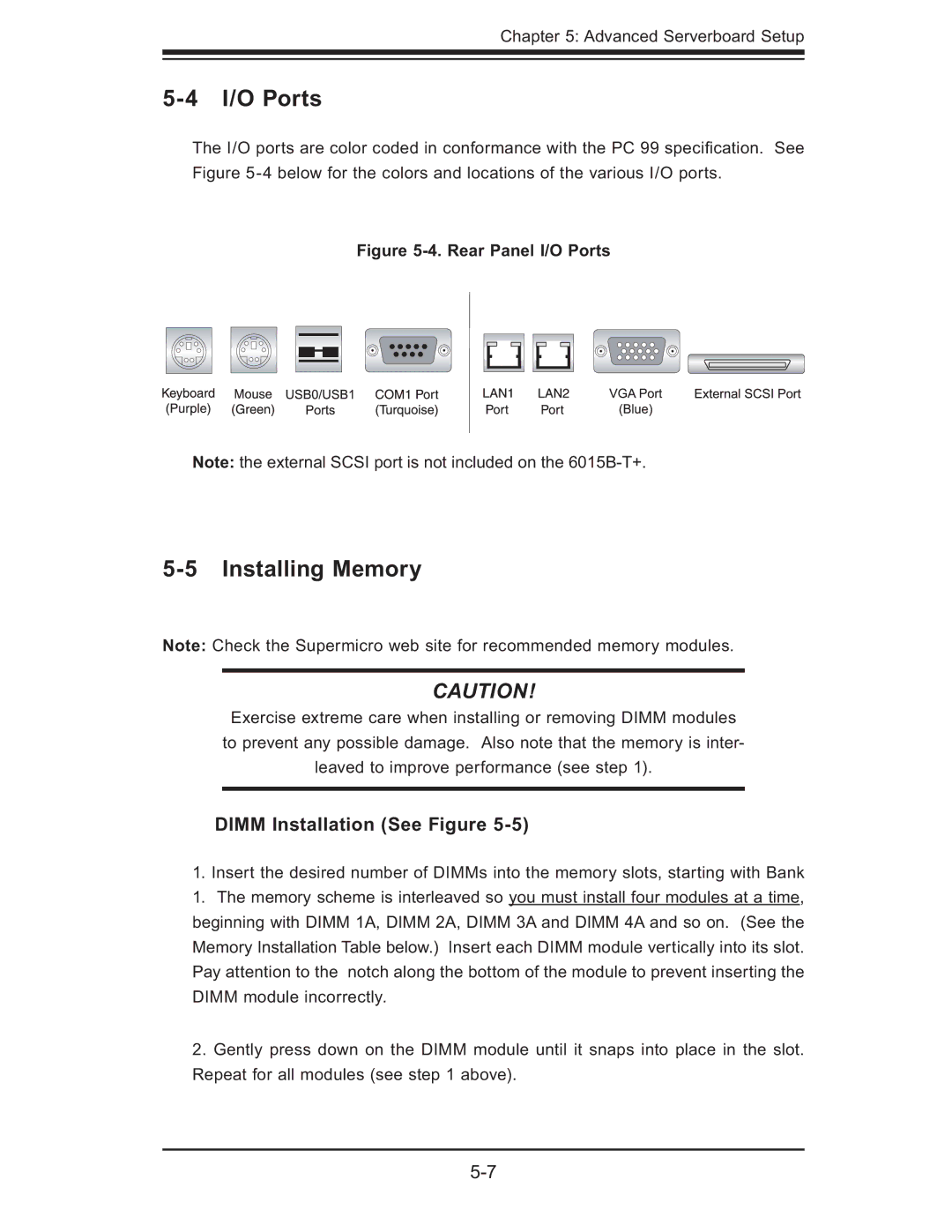 SUPER MICRO Computer 6015B-8+ manual I/O Ports, Installing Memory, Dimm Installation See Figure 