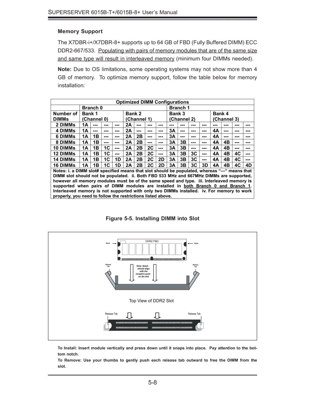 SUPER MICRO Computer 6015B-8+ manual Memory Support, Installing Dimm into Slot 