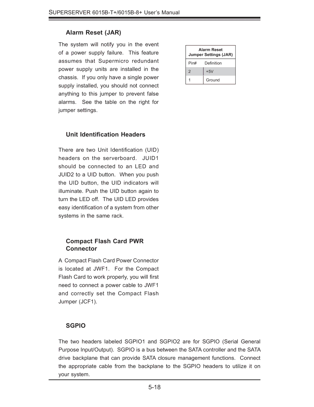 SUPER MICRO Computer 6015B-8+ manual Alarm Reset JAR, Unit Identiﬁcation Headers, Compact Flash Card PWR Connector 