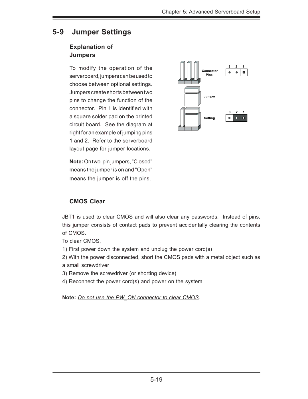 SUPER MICRO Computer 6015B-8+ manual Jumper Settings, Explanation Jumpers, Cmos Clear 