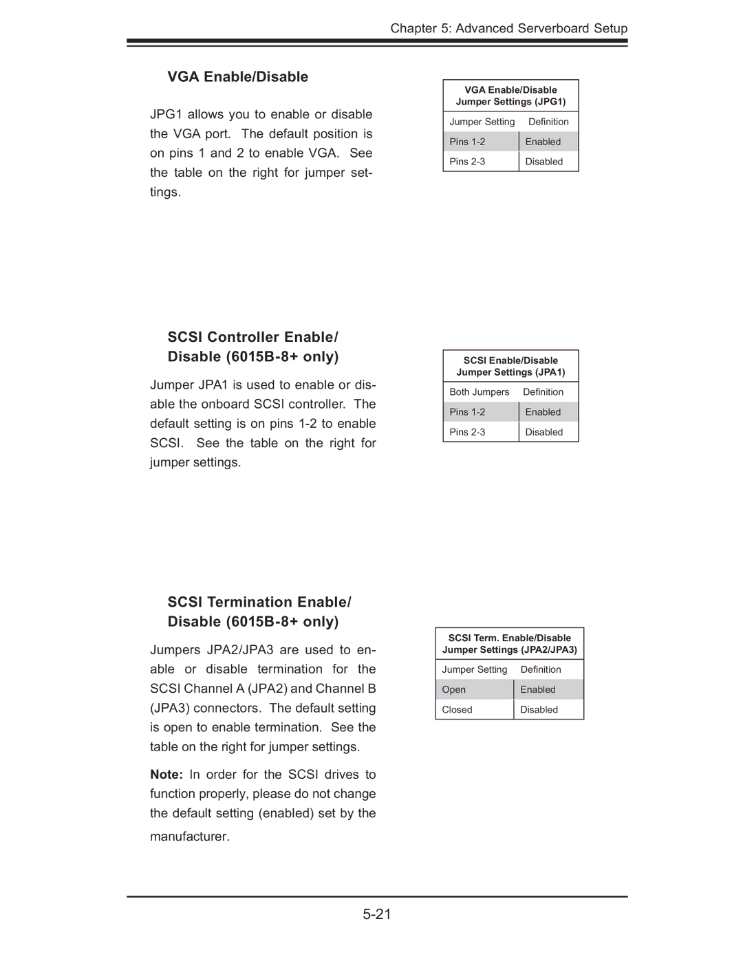 SUPER MICRO Computer manual VGA Enable/Disable, Scsi Controller Enable/ Disable 6015B-8+ only 