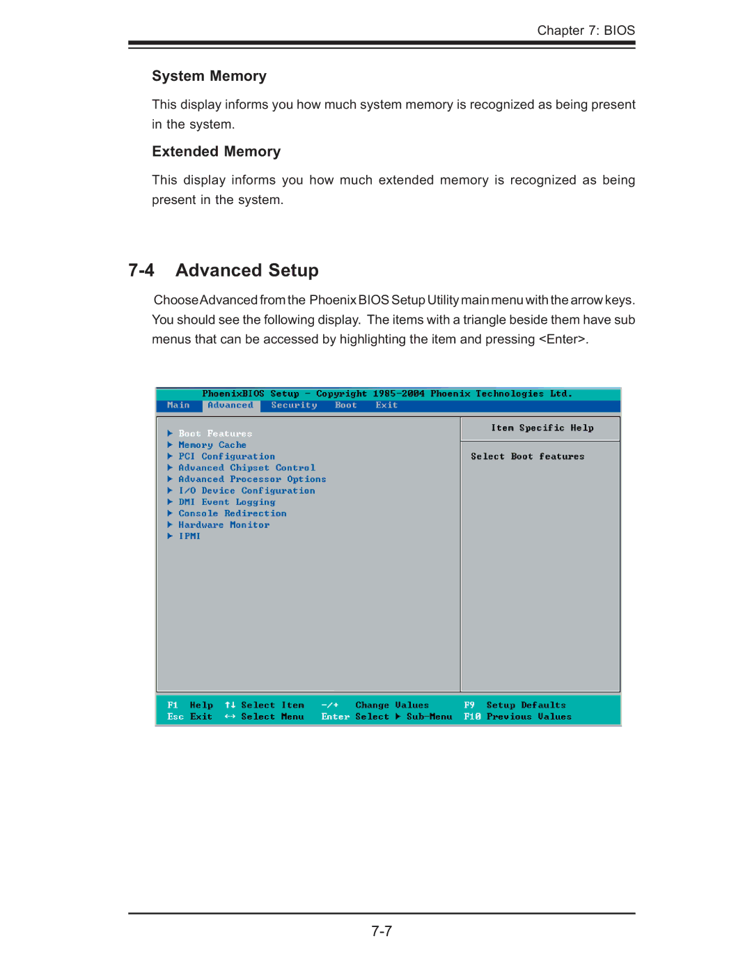 SUPER MICRO Computer 6015B-8+ manual Advanced Setup, System Memory, Extended Memory 