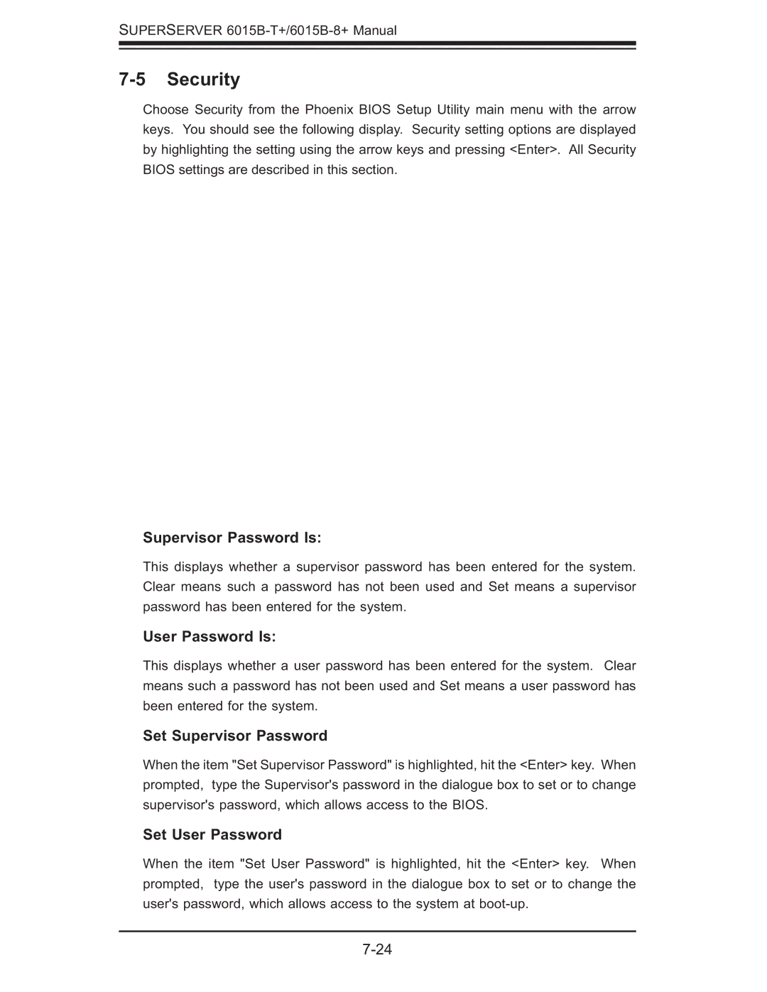 SUPER MICRO Computer 6015B-8+ manual Security, Supervisor Password Is, User Password Is, Set Supervisor Password 