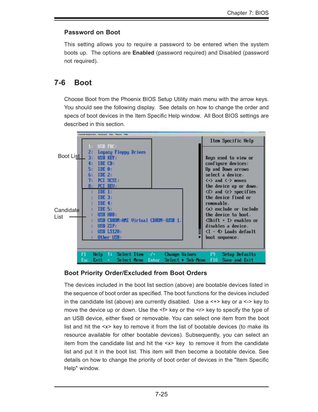 SUPER MICRO Computer 6015B-8+ manual Password on Boot, Boot Priority Order/Excluded from Boot Orders 