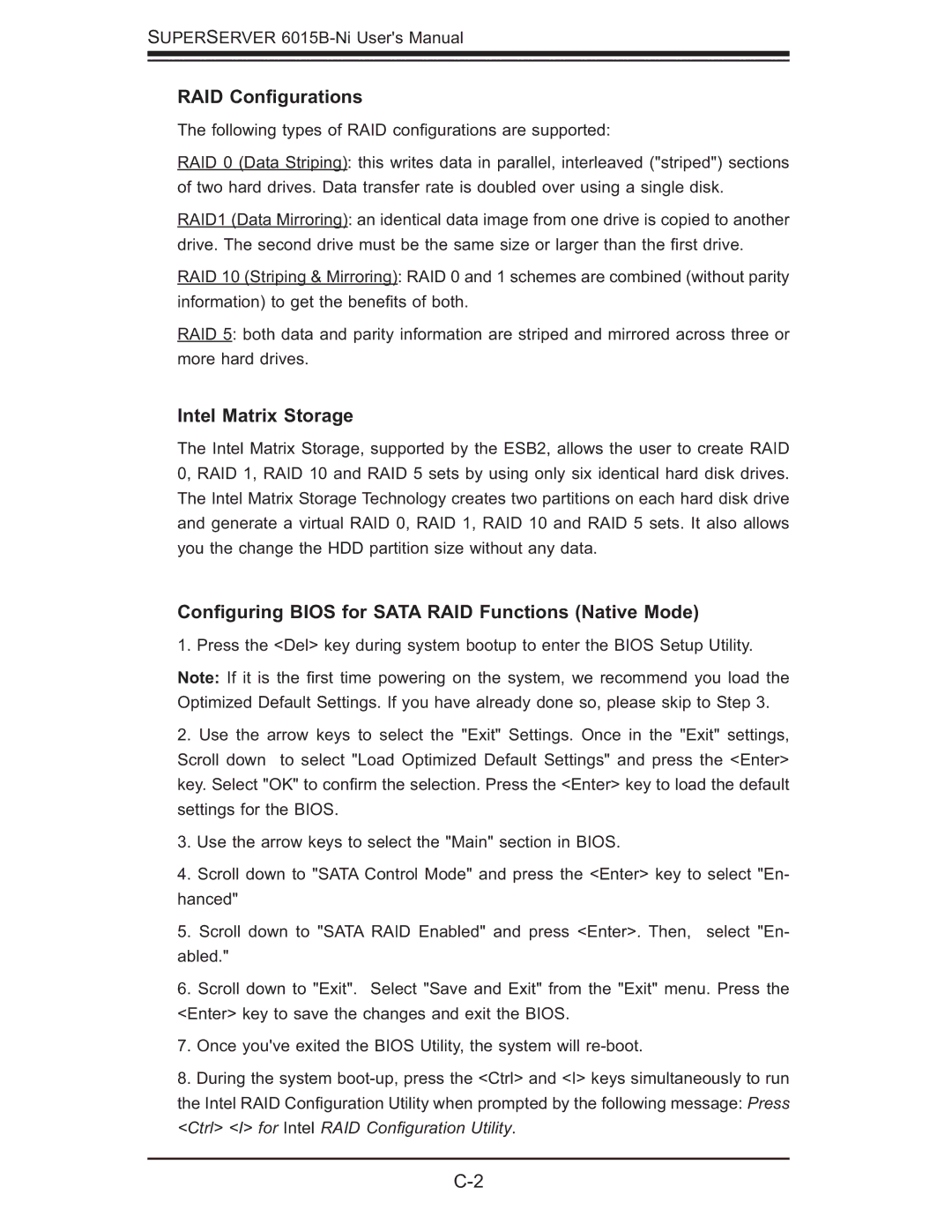 SUPER MICRO Computer 6015B-Ni manual RAID Conﬁgurations, Intel Matrix Storage 