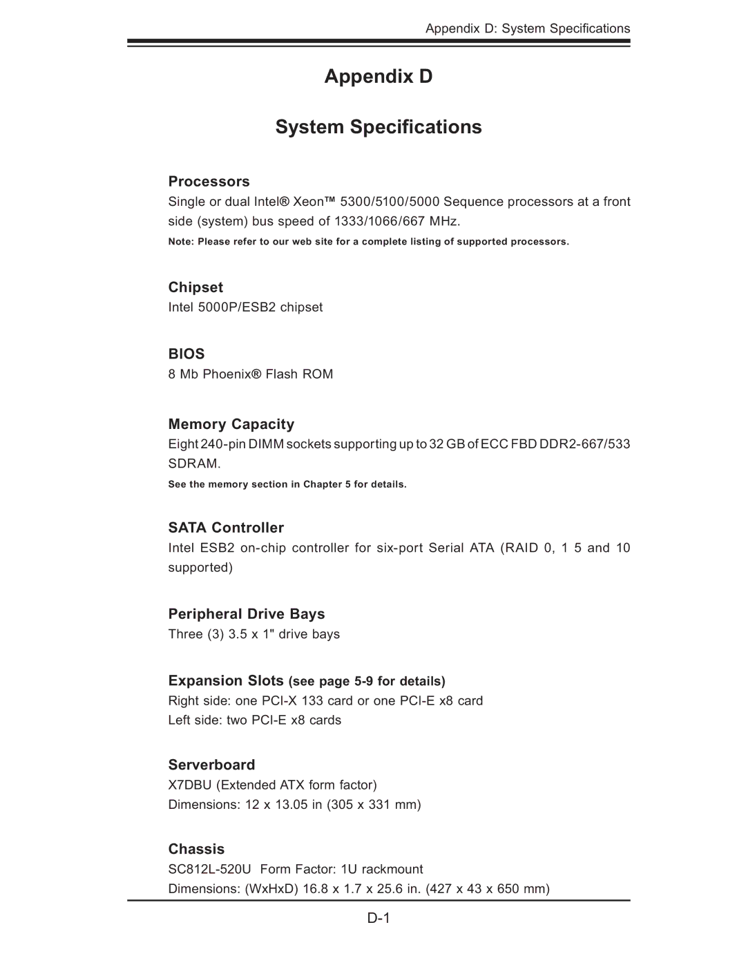 SUPER MICRO Computer 6015B-Ni manual Appendix D System Speciﬁcations 