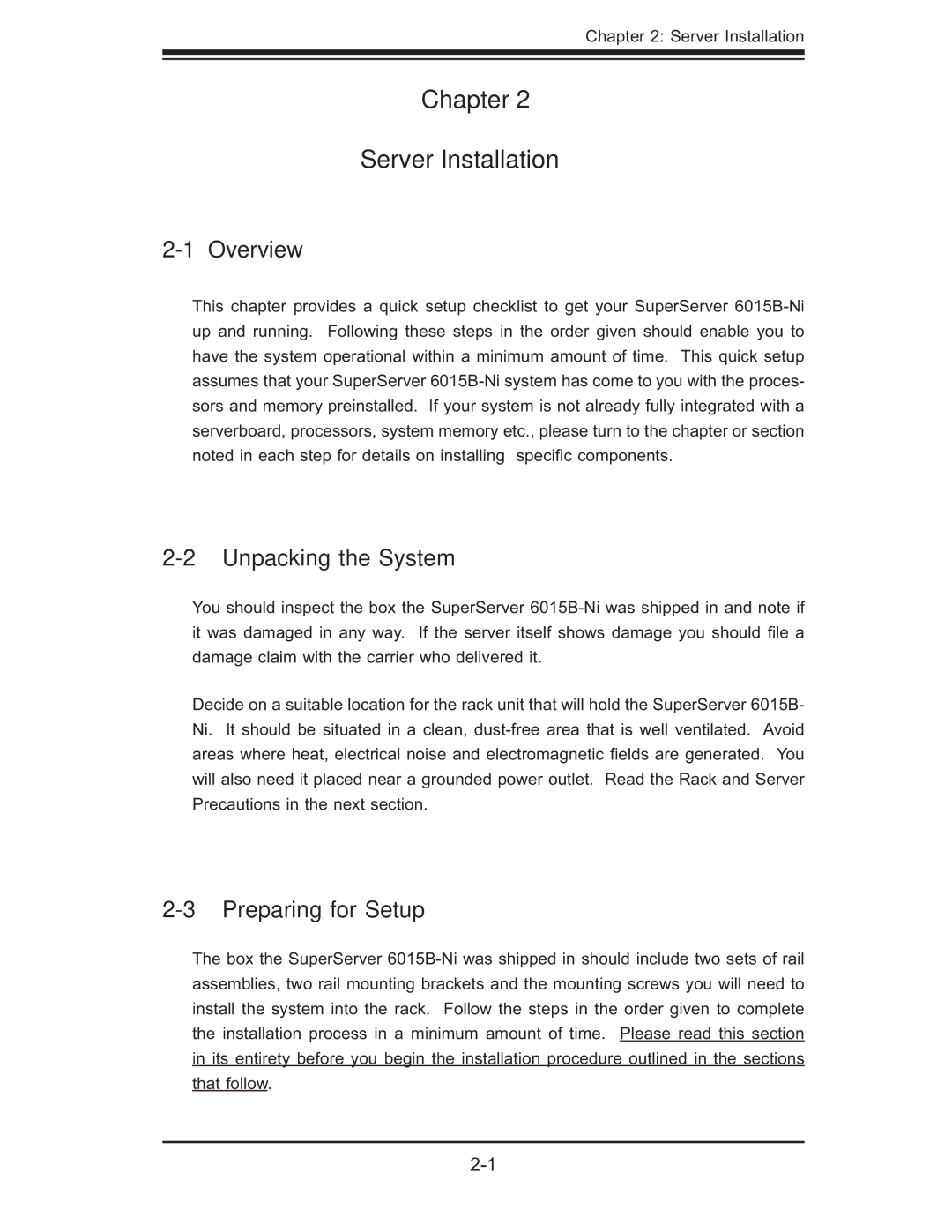 SUPER MICRO Computer 6015B-Ni manual Chapter Server Installation, Unpacking the System, Preparing for Setup 