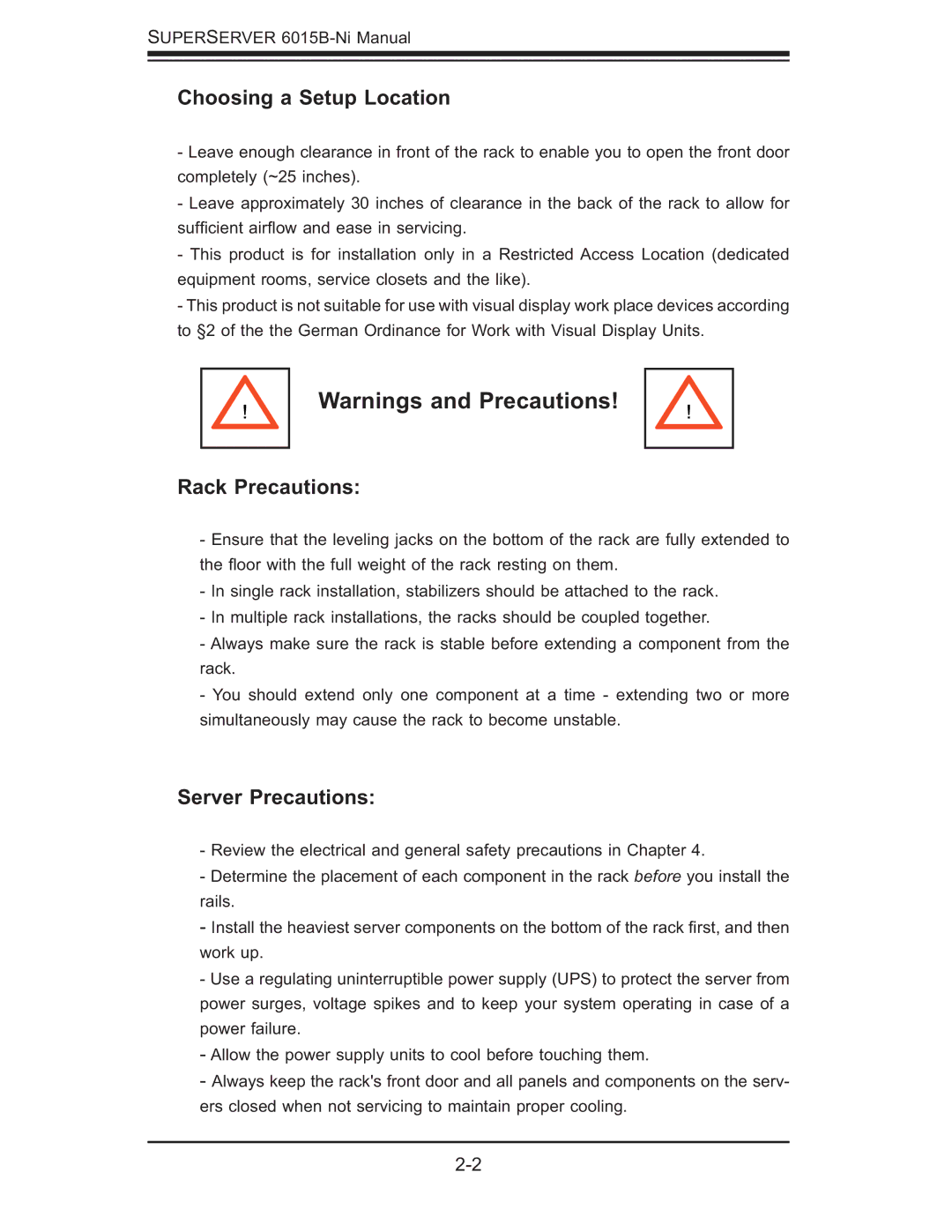 SUPER MICRO Computer 6015B-Ni manual Choosing a Setup Location, Rack Precautions, Server Precautions 