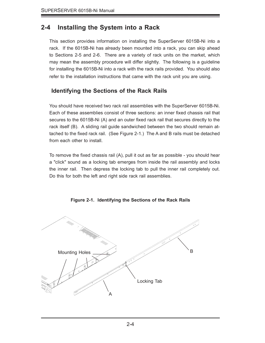 SUPER MICRO Computer 6015B-Ni manual Installing the System into a Rack, Identifying the Sections of the Rack Rails 