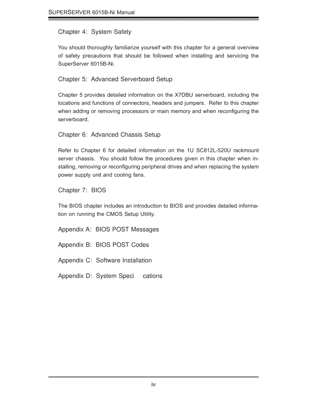 SUPER MICRO Computer 6015B-Ni manual System Safety, Advanced Serverboard Setup, Advanced Chassis Setup, Bios 
