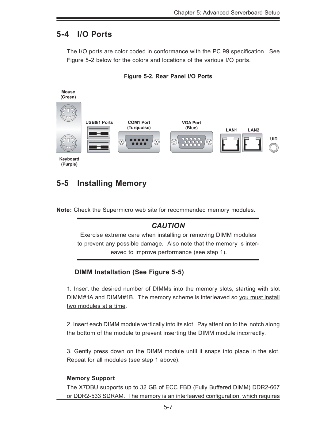 SUPER MICRO Computer 6015B-Ni manual I/O Ports, Installing Memory, Dimm Installation See Figure, Memory Support 