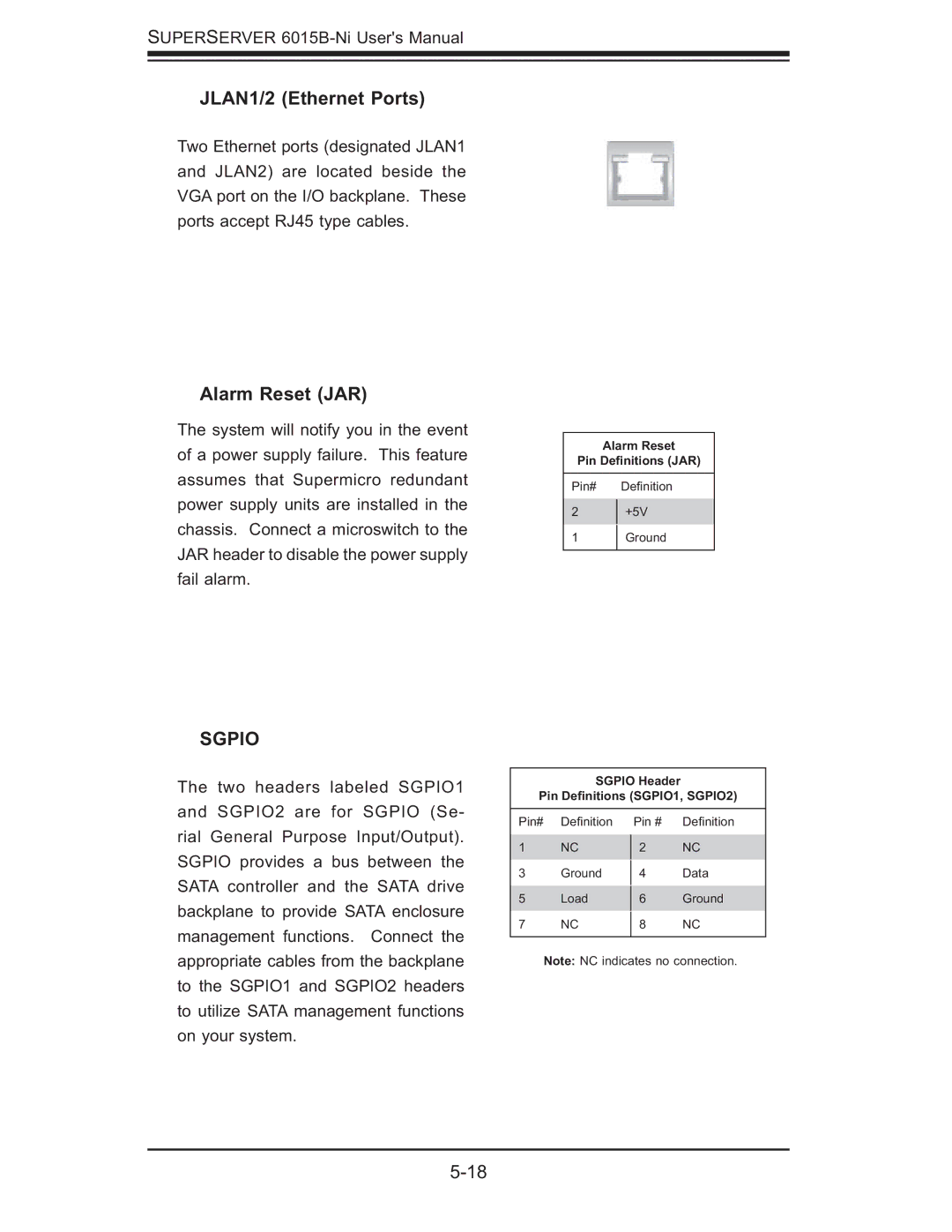 SUPER MICRO Computer 6015B-Ni manual JLAN1/2 Ethernet Ports, Alarm Reset JAR 