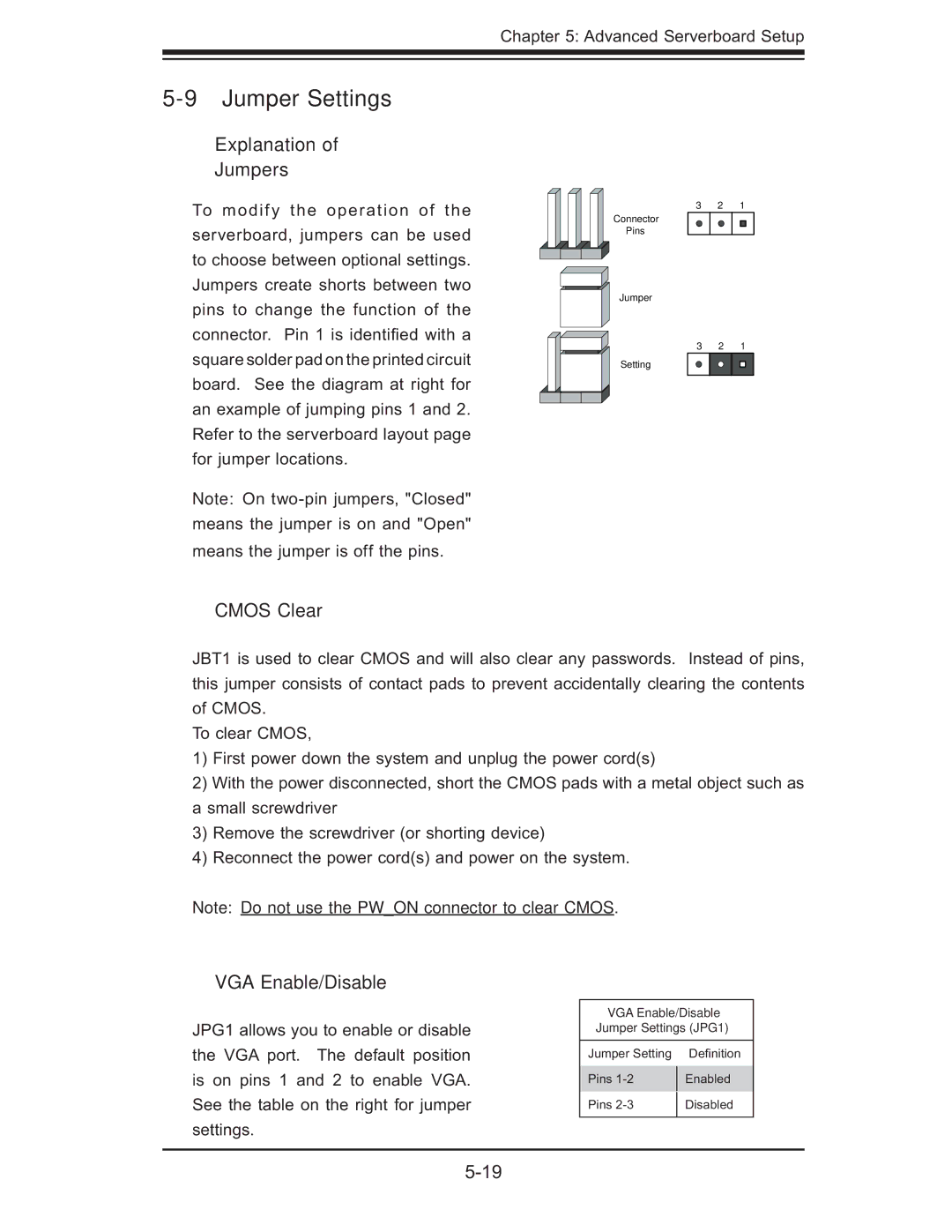 SUPER MICRO Computer 6015B-Ni manual Jumper Settings, Explanation Jumpers, Cmos Clear, VGA Enable/Disable 