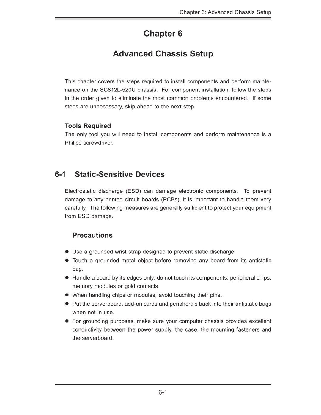 SUPER MICRO Computer 6015B-Ni manual Chapter Advanced Chassis Setup, Static-Sensitive Devices, Tools Required 