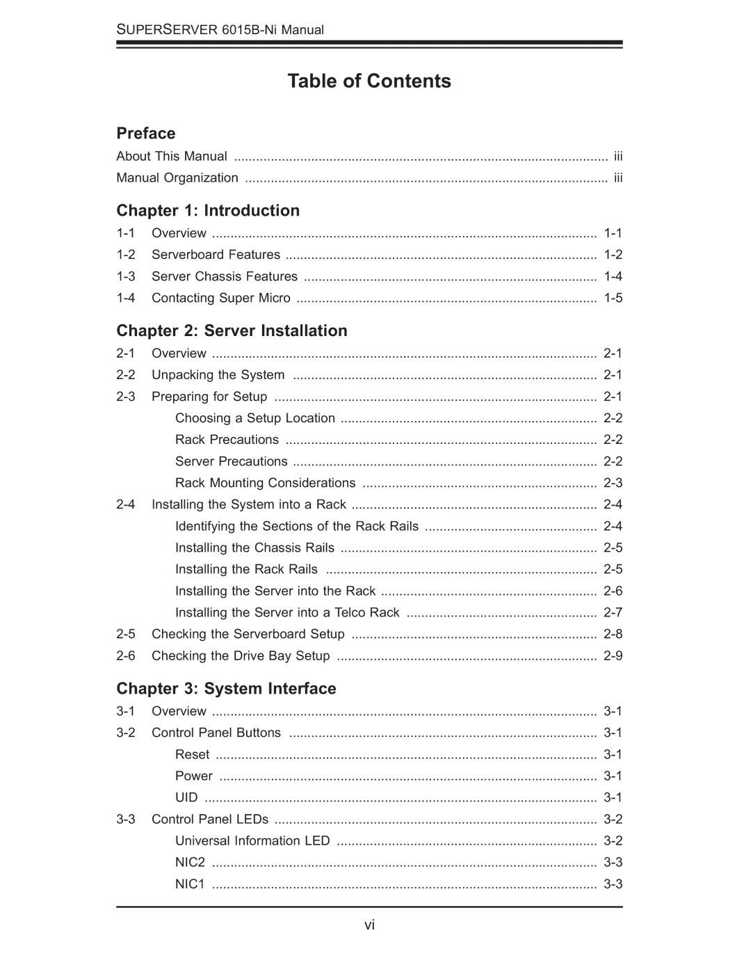 SUPER MICRO Computer 6015B-Ni manual Table of Contents 