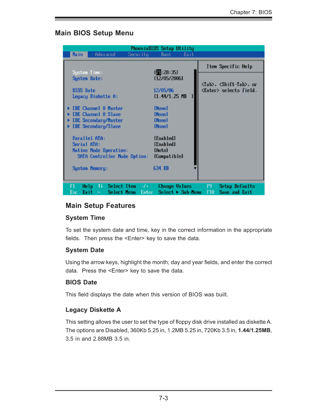 SUPER MICRO Computer 6015B-Ni manual Main Bios Setup Menu Main Setup Features, System Time, System Date, Bios Date 