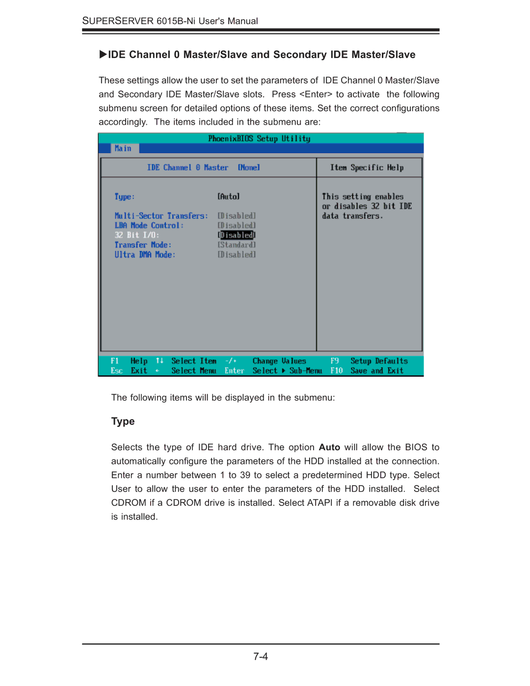 SUPER MICRO Computer 6015B-Ni manual IDE Channel 0 Master/Slave and Secondary IDE Master/Slave, Type 