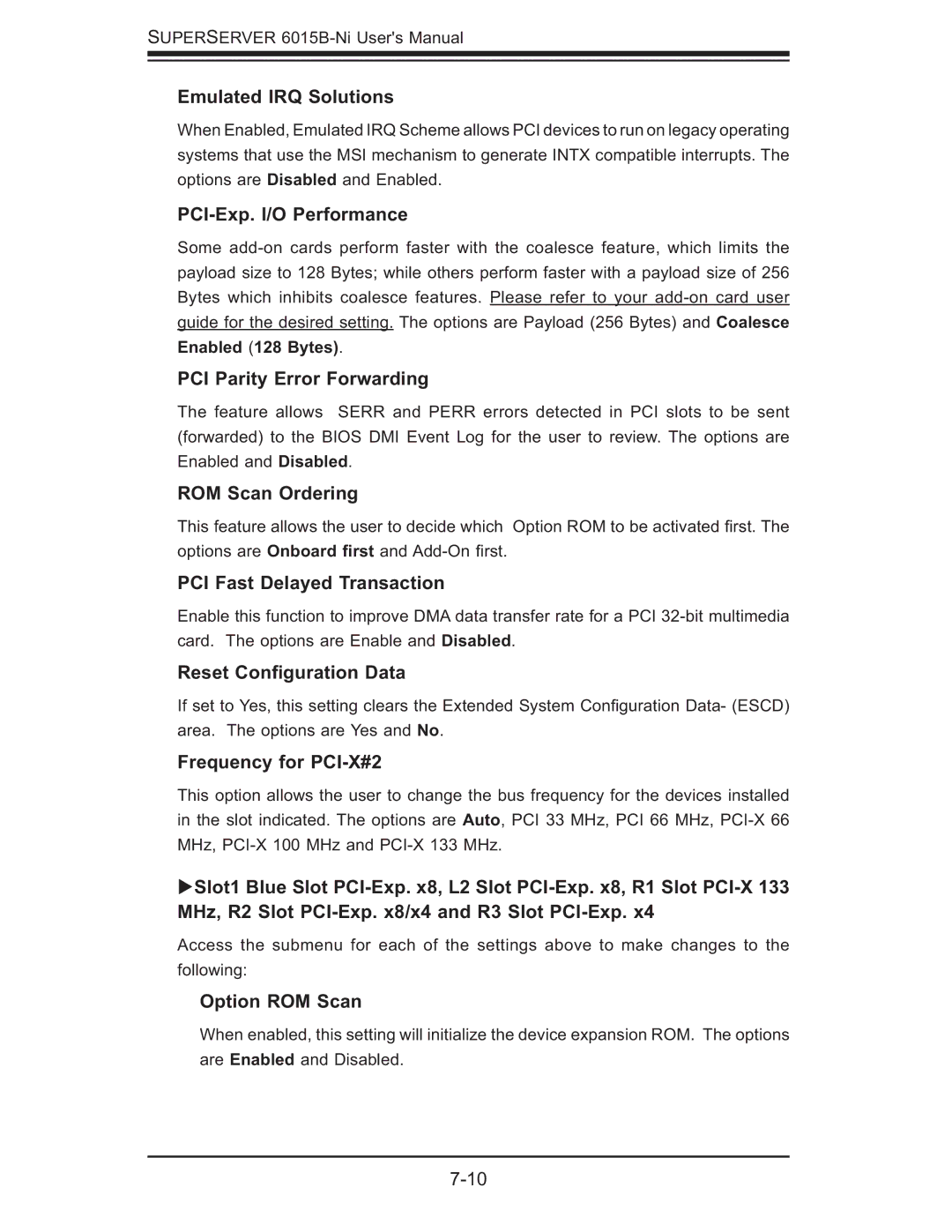 SUPER MICRO Computer 6015B-Ni manual Emulated IRQ Solutions, PCI-Exp. I/O Performance, PCI Parity Error Forwarding 