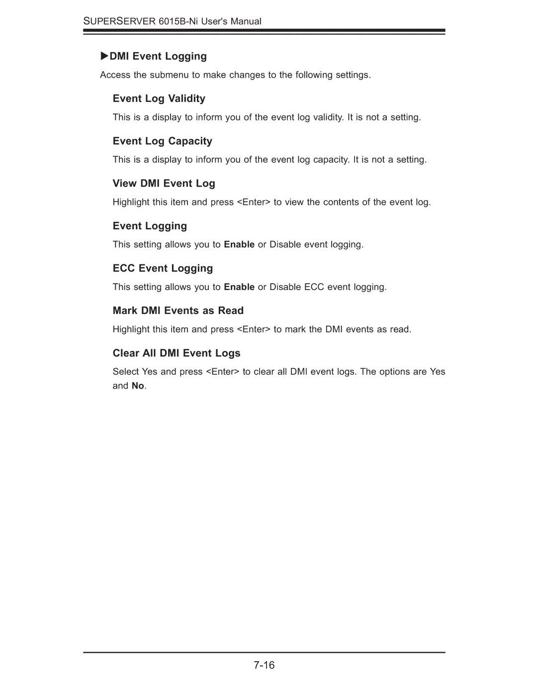 SUPER MICRO Computer 6015B-Ni manual DMI Event Logging, Event Log Validity, Event Log Capacity, View DMI Event Log 