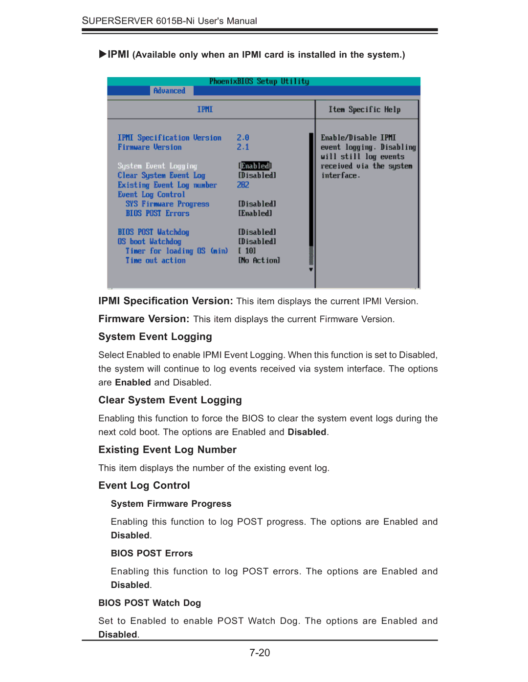 SUPER MICRO Computer 6015B-Ni manual Clear System Event Logging, Existing Event Log Number, Event Log Control 