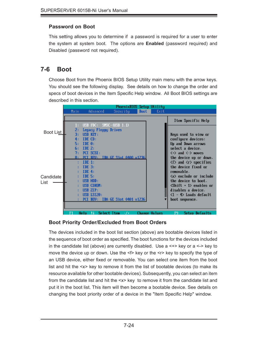 SUPER MICRO Computer 6015B-Ni manual Password on Boot, Boot Priority Order/Excluded from Boot Orders 