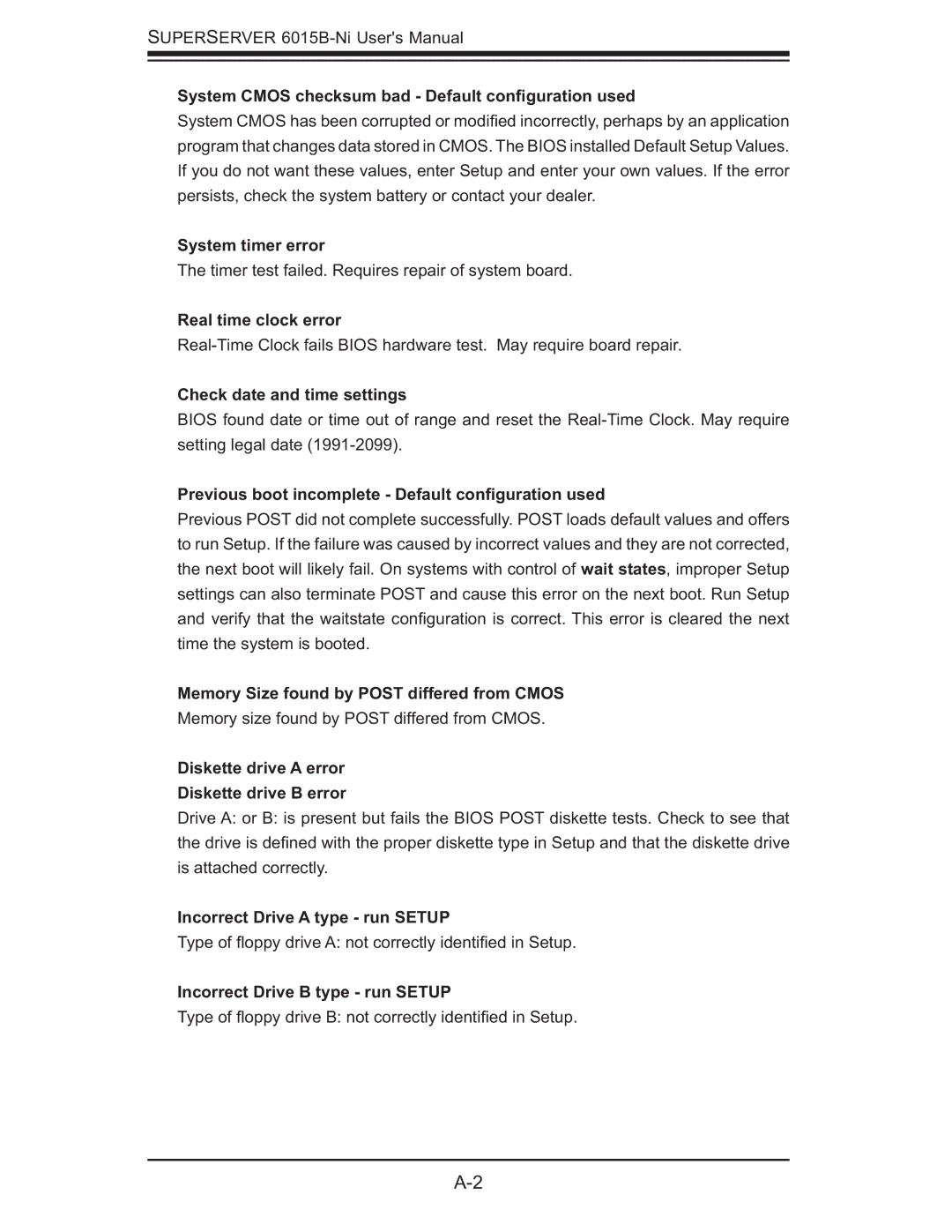 SUPER MICRO Computer 6015B-Ni manual System Cmos checksum bad Default conﬁguration used, System timer error 