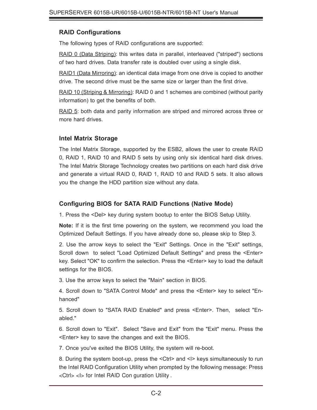 SUPER MICRO Computer 6015b-RU, 6015B-NTR, 6015B-U user manual RAID Conﬁgurations, Intel Matrix Storage 