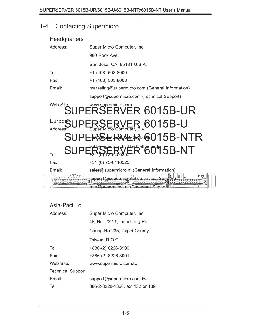 SUPER MICRO Computer 6015B-NTR, 6015B-U, 6015b-RU user manual Contacting Supermicro, Headquarters, Europe, Asia-Paciﬁc 