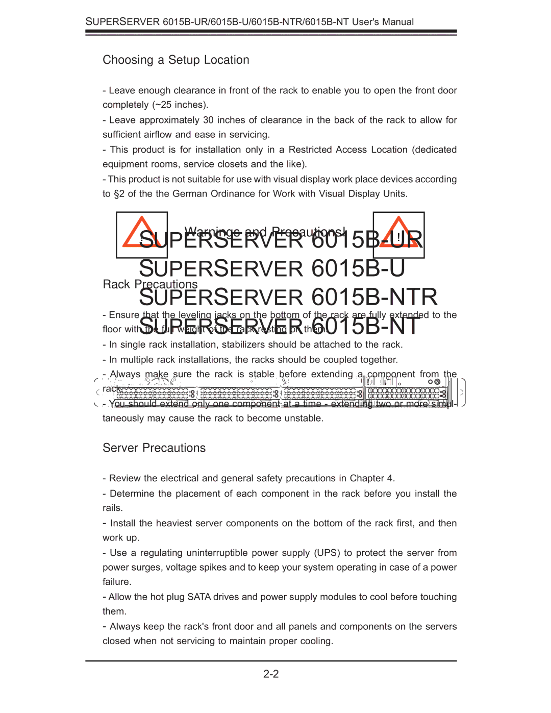 SUPER MICRO Computer 6015b-RU, 6015B-NTR, 6015B-U user manual Choosing a Setup Location, Rack Precautions, Server Precautions 