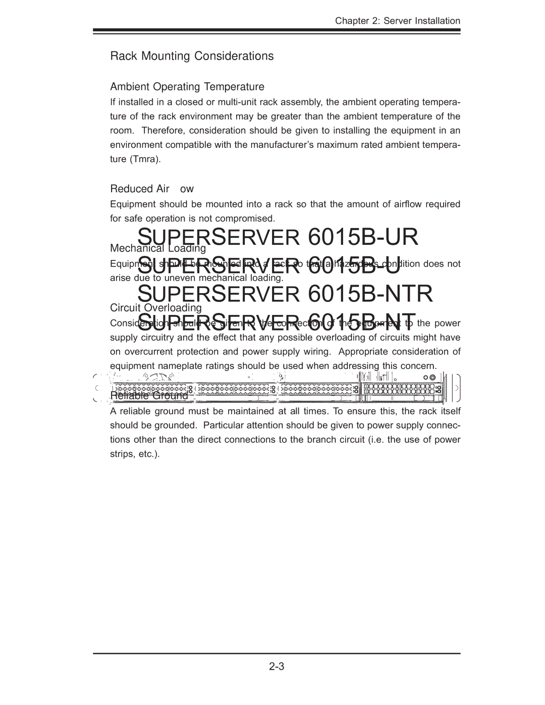 SUPER MICRO Computer 6015B-NTR, 6015B-U, 6015b-RU user manual Rack Mounting Considerations 