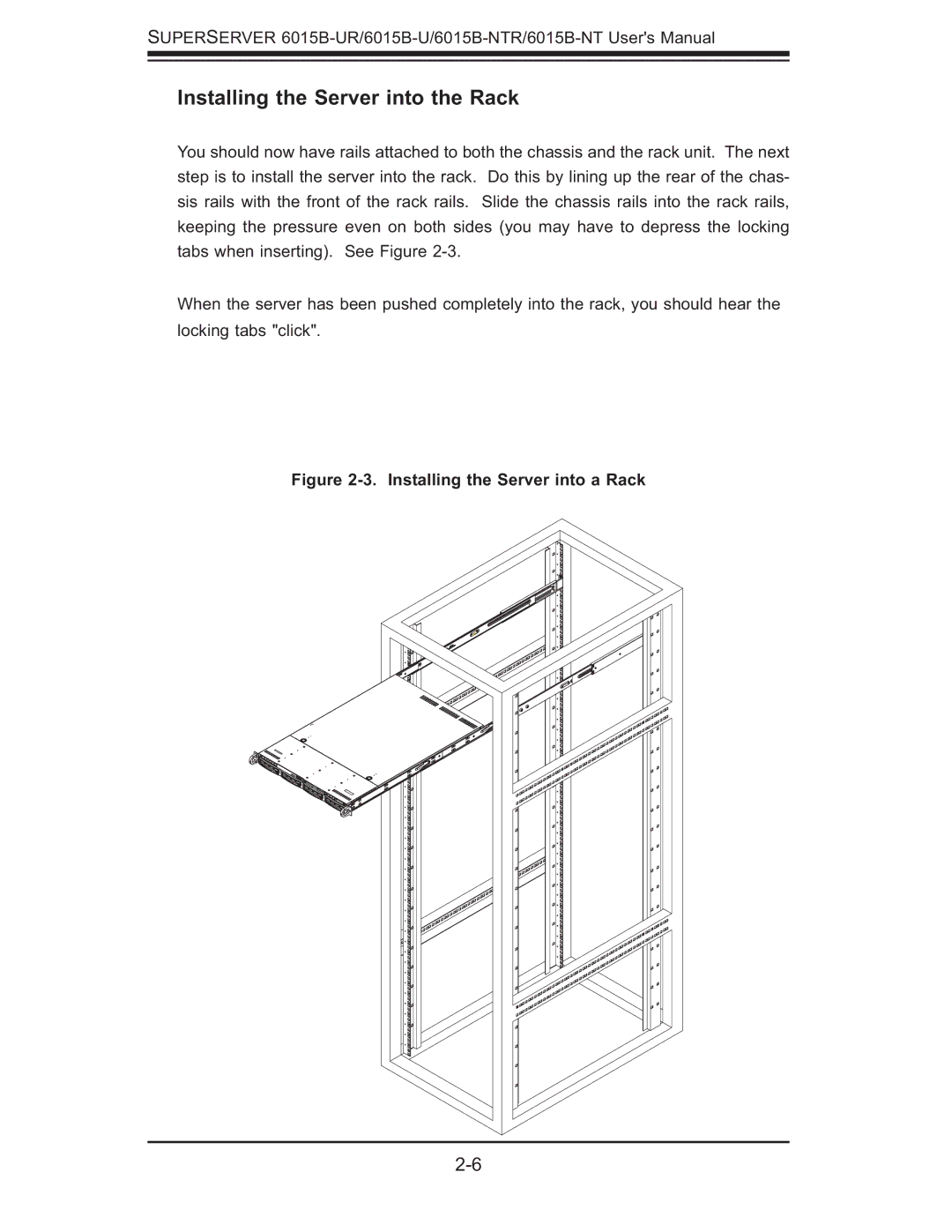 SUPER MICRO Computer 6015b-RU, 6015B-NTR, 6015B-U Installing the Server into the Rack, Installing the Server into a Rack 